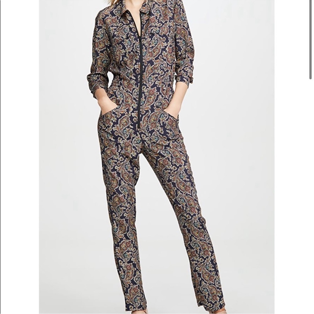 ba&sh Pitt Paisley Jumpsuit Zip Front Long Sleeve Utility Blue Brown Size 6